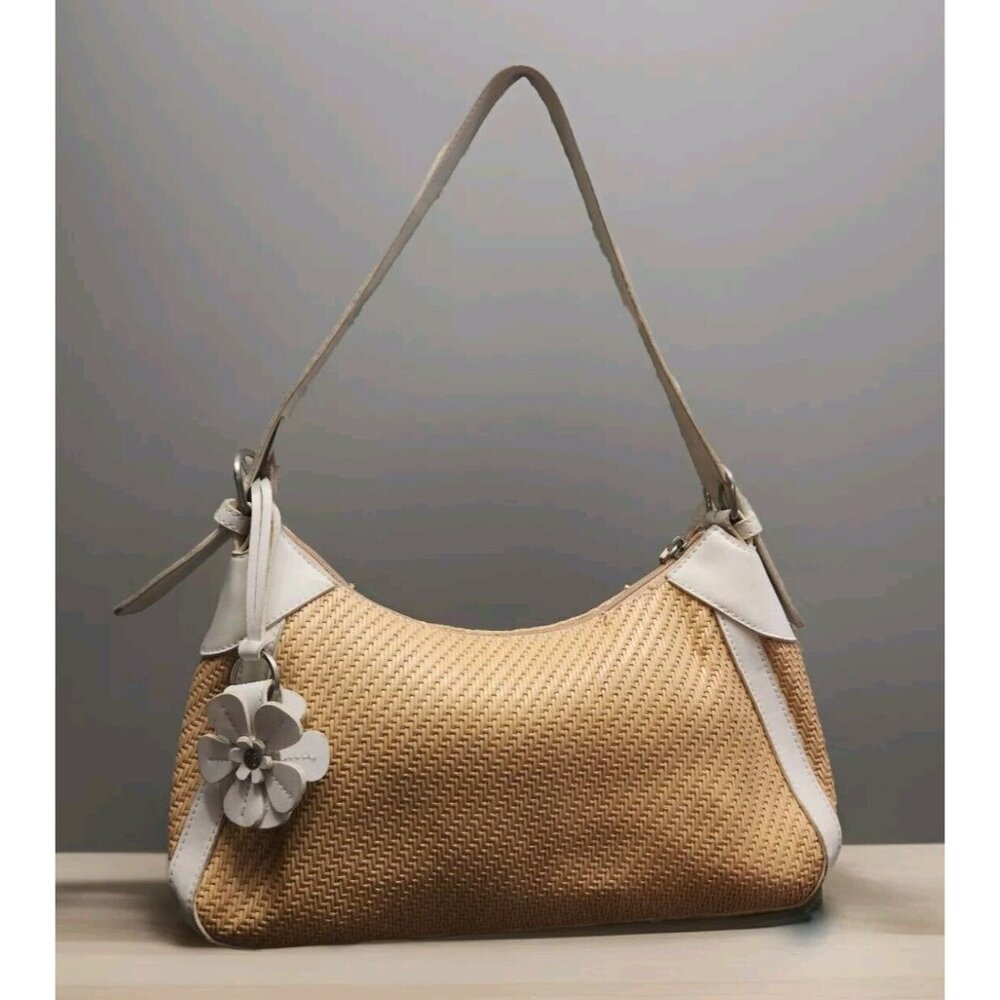 Fossil 75082 Woven Straw Fabric Handbag Purse w/ Leather Trim 13"x8"x4"